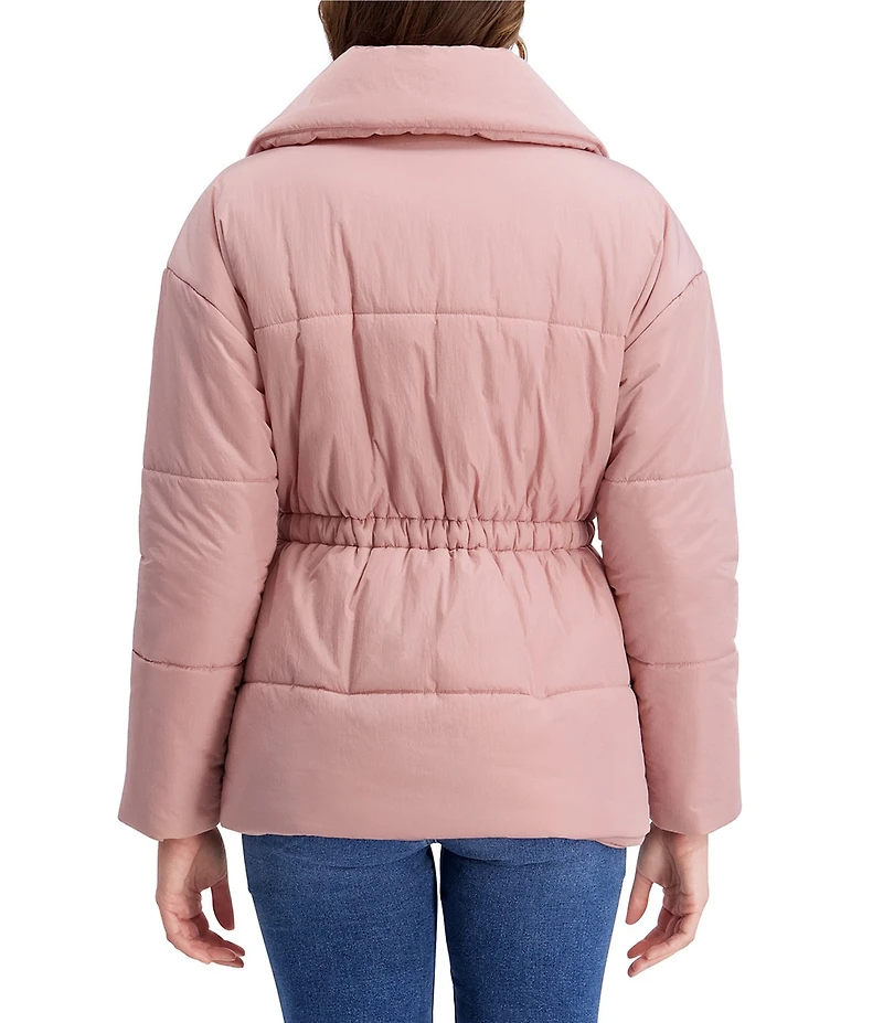 Kensie Crinkle Cire Envelope Neck Long Sleeve Drop Shoulder Elastic Cinched Water Resistant Puffer Coat