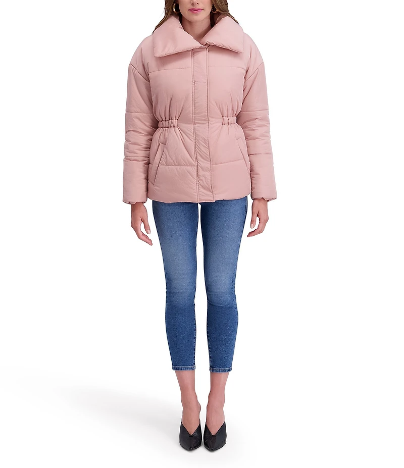 Kensie Crinkle Cire Envelope Neck Long Sleeve Drop Shoulder Elastic Cinched Water Resistant Puffer Coat