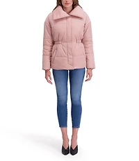 Kensie Crinkle Cire Envelope Neck Long Sleeve Drop Shoulder Elastic Cinched Water Resistant Puffer Coat