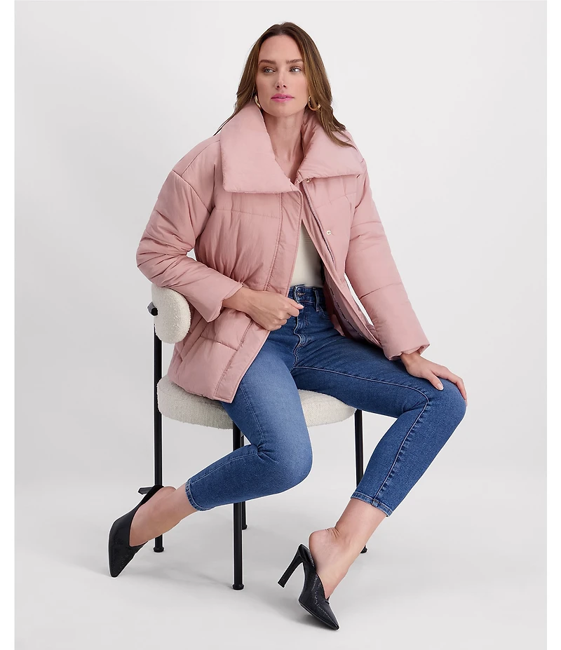 Kensie Crinkle Cire Envelope Neck Long Sleeve Drop Shoulder Elastic Cinched Water Resistant Puffer Coat