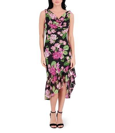 Kensie Drape Neck Sleeveless Floral Printed Burnout Chiffon Ruffle Hem Sheath Midi Dress