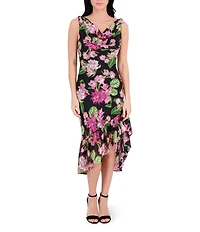 Kensie Drape Neck Sleeveless Floral Printed Burnout Chiffon Ruffle Hem Sheath Midi Dress