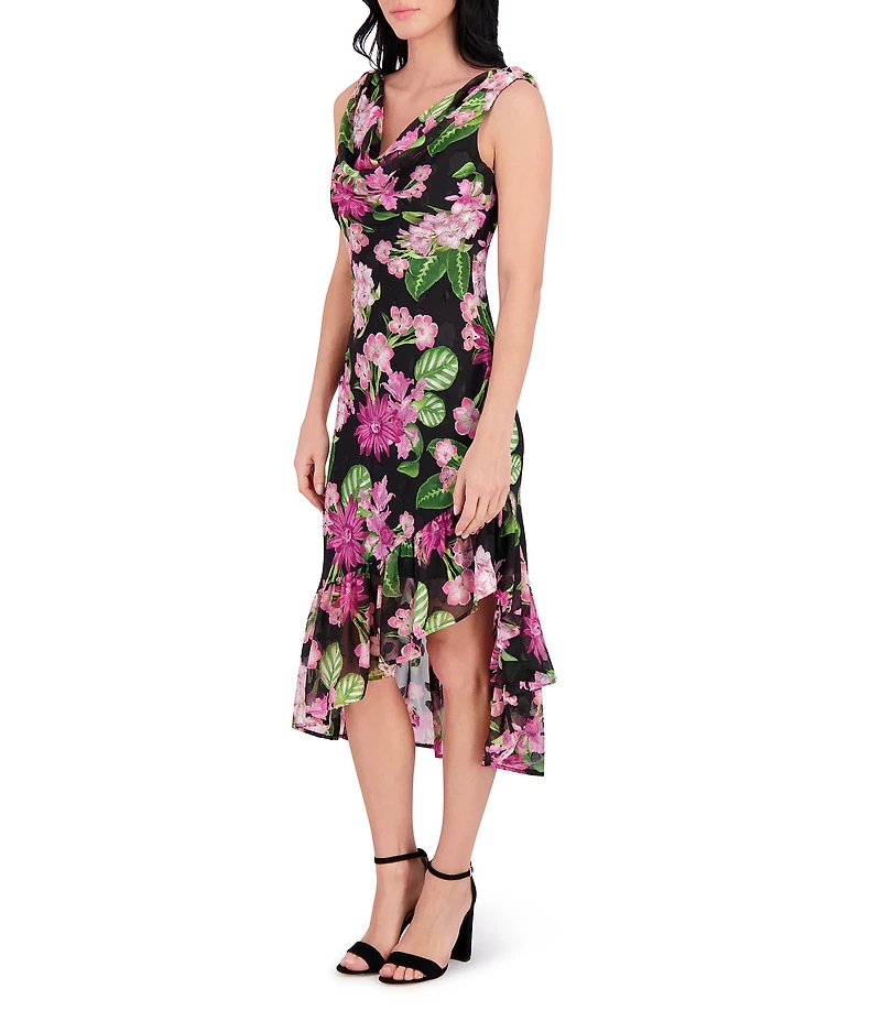 Kensie Drape Neck Sleeveless Floral Printed Burnout Chiffon Ruffle Hem Sheath Midi Dress