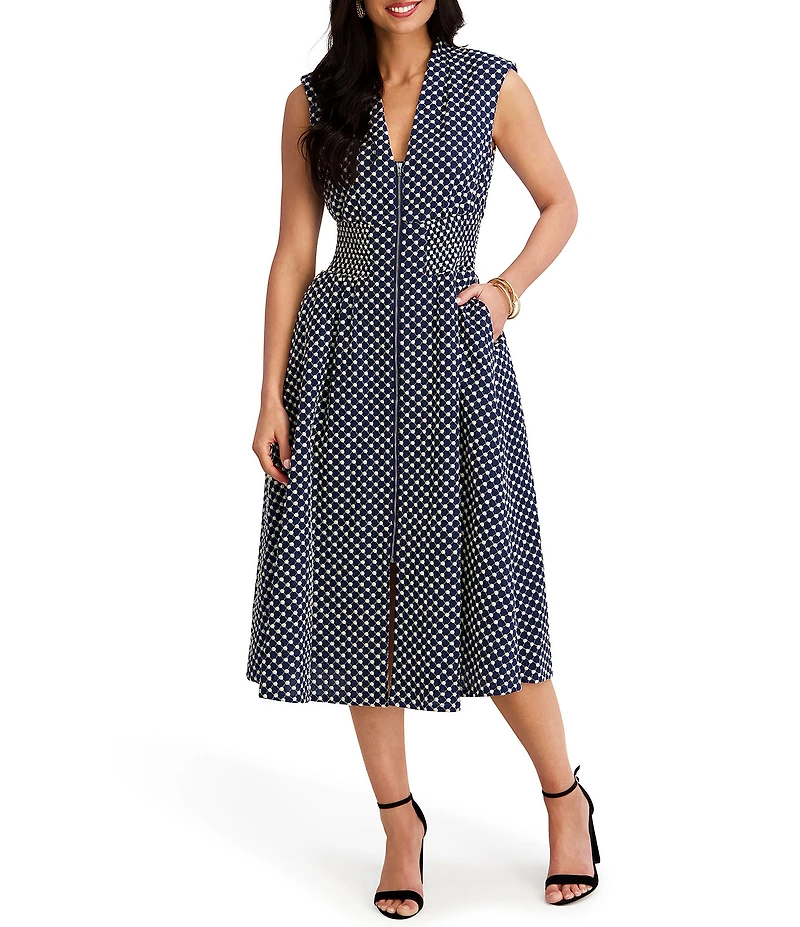 Kensie Embroidered Cotton Dotted V-Neck Sleeveless Zip Front A-Line Midi Dress
