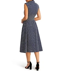 Kensie Embroidered Cotton Dotted V-Neck Sleeveless Zip Front A-Line Midi Dress