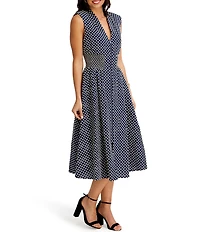 Kensie Embroidered Cotton Dotted V-Neck Sleeveless Zip Front A-Line Midi Dress