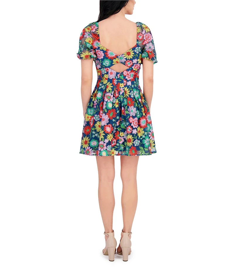 Kensie Embroidered Floral Mesh Sweetheart Neck Short Sleeve A-Line Mini Dress