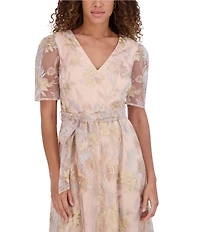 Kensie Embroidered Lace Mesh V-Neck Short Sleeve Self Tie Belt A-Line Midi Dress