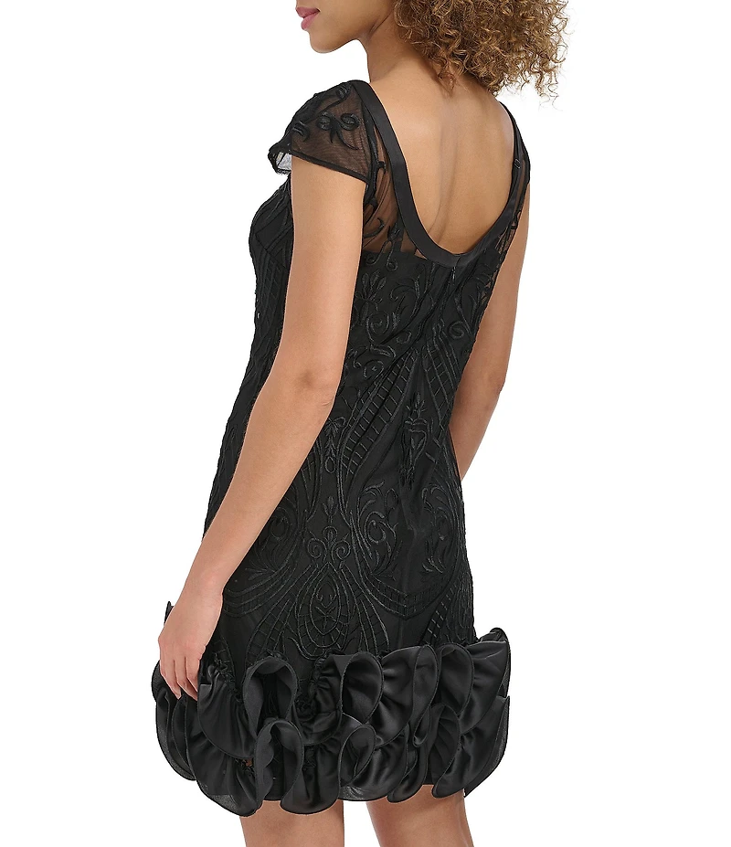 Kensie Embroidered Mesh Boat Neck Cap Sleeve Scoop Back Ruffle Hem Mini Dress