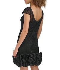 Kensie Embroidered Mesh Boat Neck Cap Sleeve Scoop Back Ruffle Hem Mini Dress