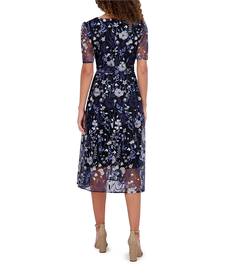 Kensie Embroidered Mesh Floral Pattern V-Neck Short Puff Sleeves Belted A-Line Dress