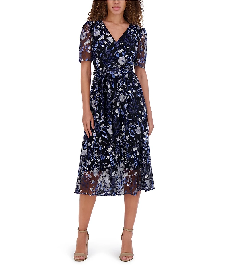 Kensie Embroidered Mesh Floral Pattern V-Neck Short Puff Sleeves Belted A-Line Dress