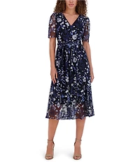Kensie Embroidered Mesh Floral Pattern V-Neck Short Puff Sleeves Belted A-Line Dress