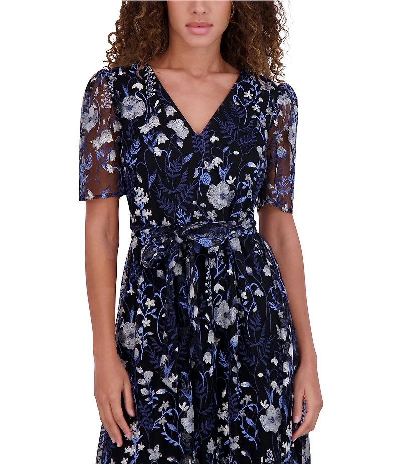 Kensie Embroidered Mesh Floral Pattern V-Neck Short Puff Sleeves Belted A-Line Dress