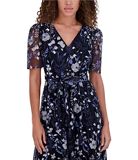 Kensie Embroidered Mesh Floral Pattern V-Neck Short Puff Sleeves Belted A-Line Dress
