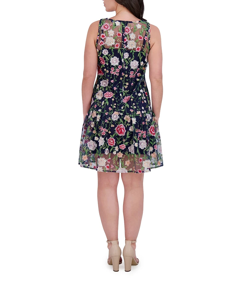 Kensie Embroidered Mesh Floral Print Boat Neck Sleeveless Shift Mini Dress