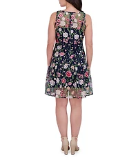 Kensie Embroidered Mesh Floral Print Boat Neck Sleeveless Shift Mini Dress