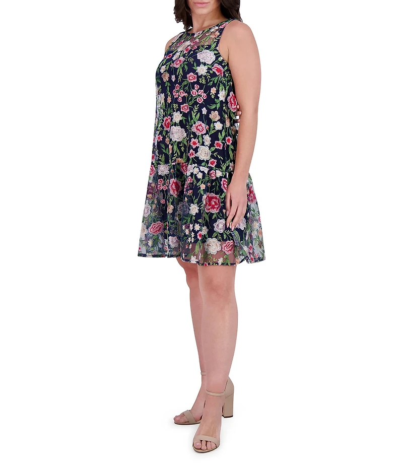 Kensie Embroidered Mesh Floral Print Boat Neck Sleeveless Shift Mini Dress