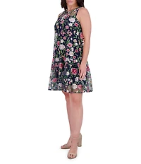 Kensie Embroidered Mesh Floral Print Boat Neck Sleeveless Shift Mini Dress