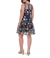 Kensie Embroidered Mesh Floral Print Boat Neck Sleeveless Shift Mini Dress