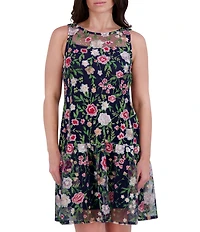 Kensie Embroidered Mesh Floral Print Boat Neck Sleeveless Shift Mini Dress