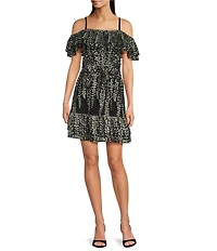 Kensie Embroidered Mesh Floral Print Off-The-Shoulder Neck Short Sleeve A-Line Mini Dress