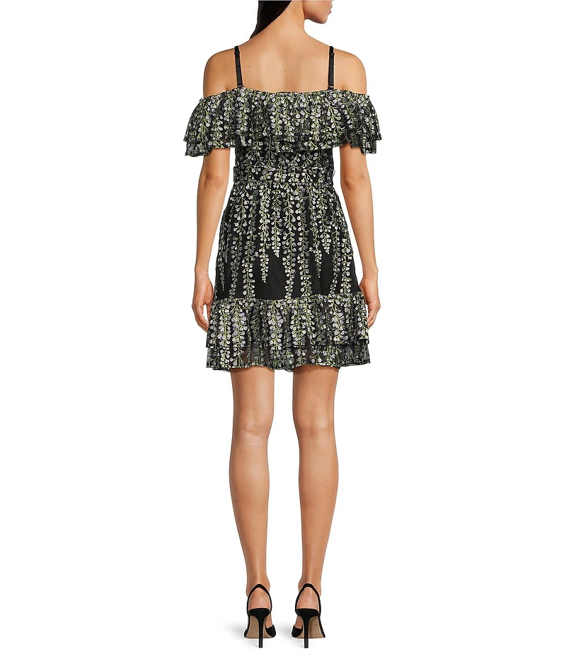 Kensie Embroidered Mesh Floral Print Off-The-Shoulder Neck Short Sleeve A-Line Mini Dress