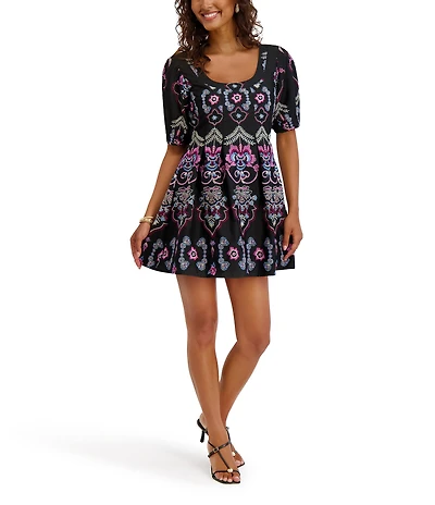 Kensie Embroidered Short Sleeve Fit And Flare Mini Dress