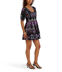 Kensie Embroidered Short Sleeve Fit And Flare Mini Dress