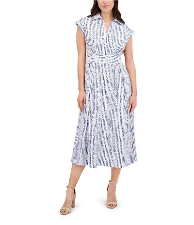 Kensie Embroidered Woven Stripe Print Point Collar Neck Short Sleeve Shirt Midi Dress