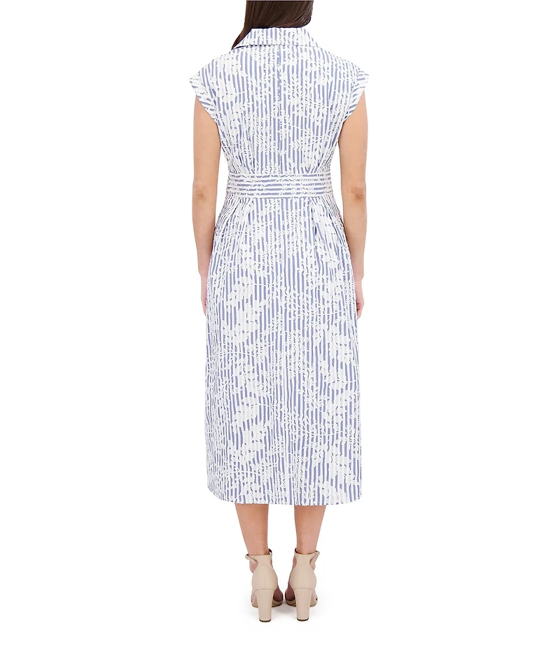 Kensie Embroidered Woven Stripe Print Point Collar Neck Short Sleeve Shirt Midi Dress