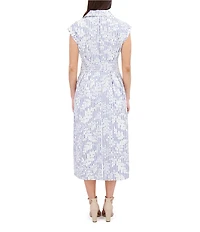 Kensie Embroidered Woven Stripe Print Point Collar Neck Short Sleeve Shirt Midi Dress