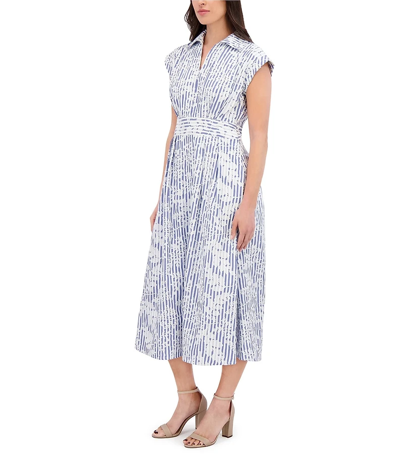 Kensie Embroidered Woven Stripe Print Point Collar Neck Short Sleeve Shirt Midi Dress