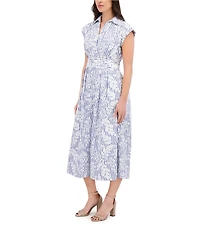 Kensie Embroidered Woven Stripe Print Point Collar Neck Short Sleeve Shirt Midi Dress
