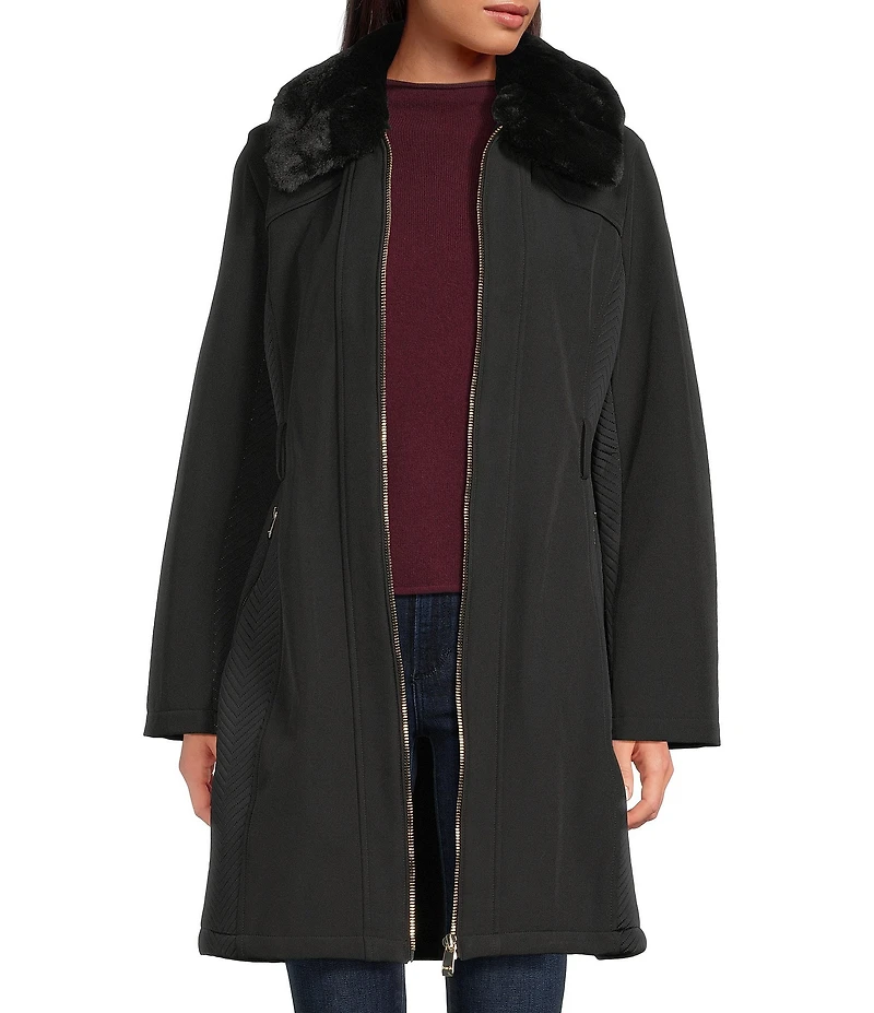 Kensie Faux Fur Softshell Point Collar Long Sleeve Belted Zip Front Trench Coat