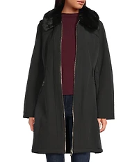 Kensie Faux Fur Softshell Point Collar Long Sleeve Belted Zip Front Trench Coat