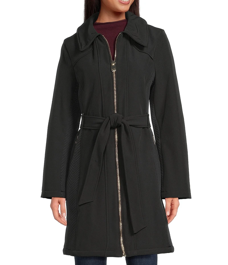 Kensie Faux Fur Softshell Point Collar Long Sleeve Belted Zip Front Trench Coat