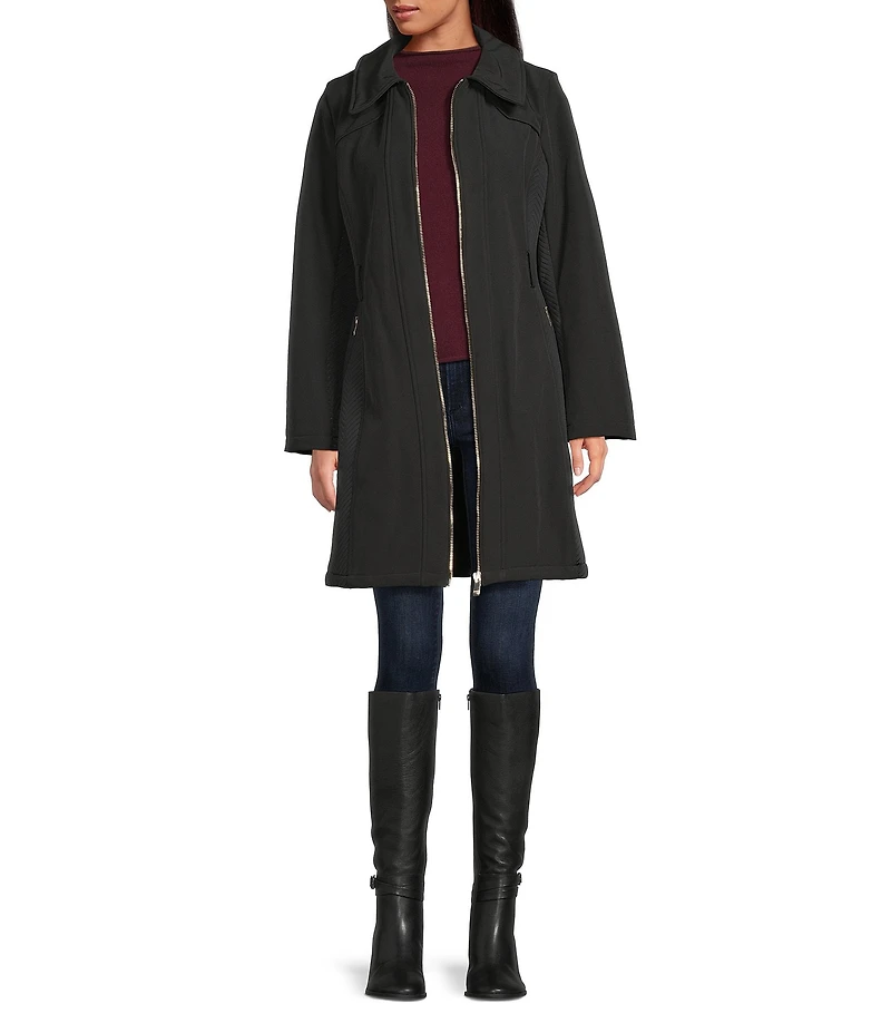 Kensie Faux Fur Softshell Point Collar Long Sleeve Belted Zip Front Trench Coat