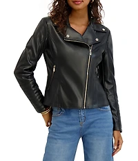 Kensie Faux Leather Notch Collar Peplum Hem Zip Front Moto Jacket