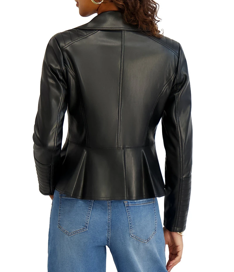 Kensie Faux Leather Notch Collar Peplum Hem Zip Front Moto Jacket