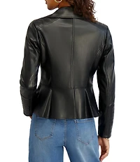 Kensie Faux Leather Notch Collar Peplum Hem Zip Front Moto Jacket