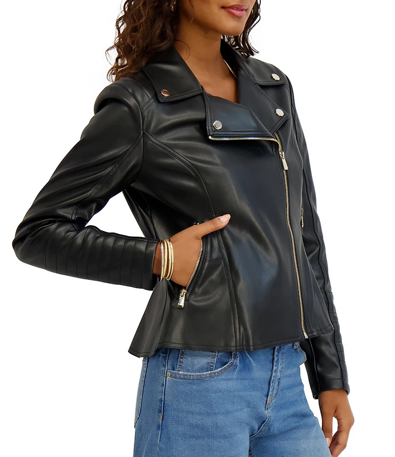 Kensie Faux Leather Notch Collar Peplum Hem Zip Front Moto Jacket