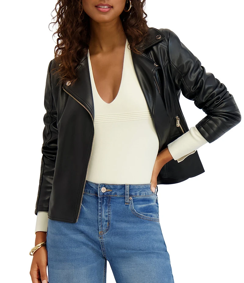 Kensie Faux Leather Notch Collar Peplum Hem Zip Front Moto Jacket