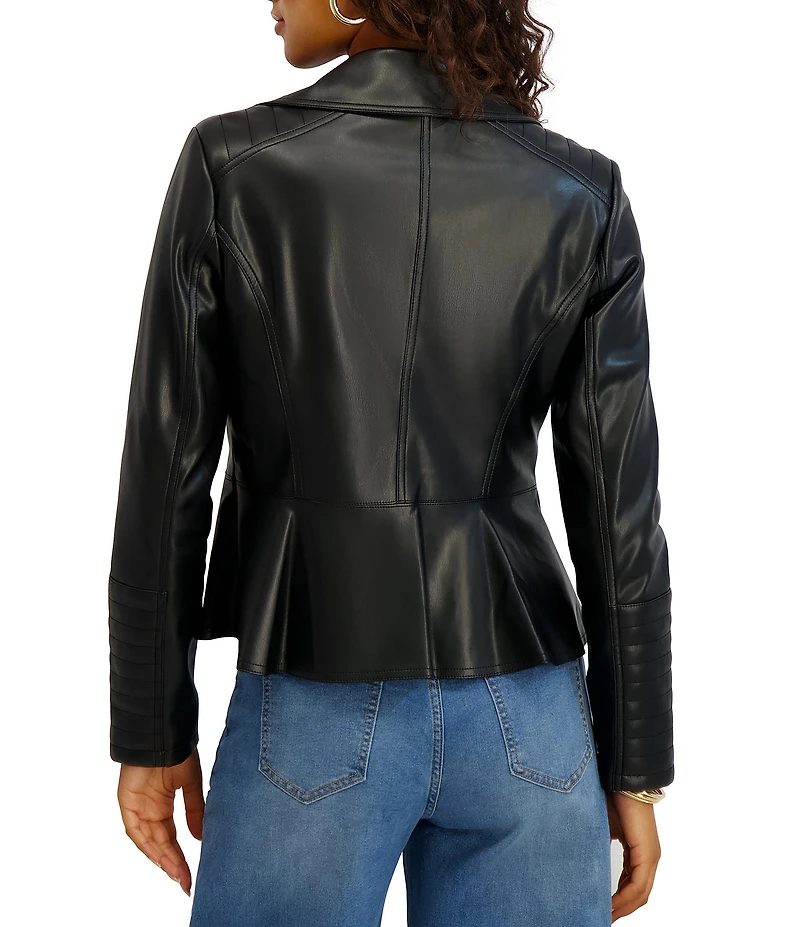 Kensie Faux Leather Notch Collar Peplum Hem Zip Front Moto Jacket
