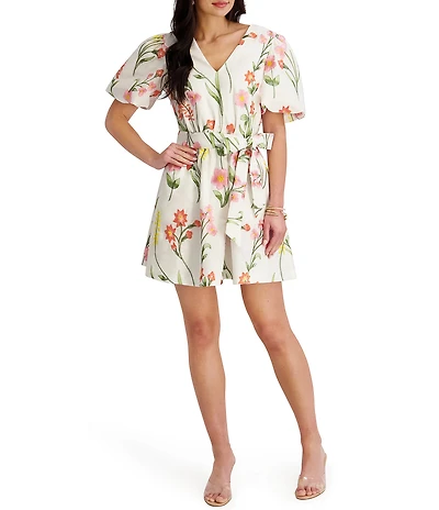 Kensie Floral Embroidered Short Puff Sleeve Belted Mini Dress