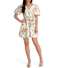 Kensie Floral Embroidered Short Puff Sleeve Belted Mini Dress