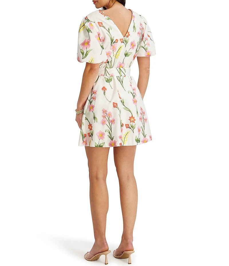 Kensie Floral Embroidered Short Puff Sleeve Belted Mini Dress
