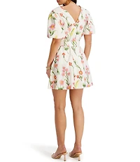 Kensie Floral Embroidered Short Puff Sleeve Belted Mini Dress