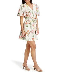 Kensie Floral Embroidered Short Puff Sleeve Belted Mini Dress