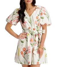 Kensie Floral Embroidered Short Puff Sleeve Belted Mini Dress